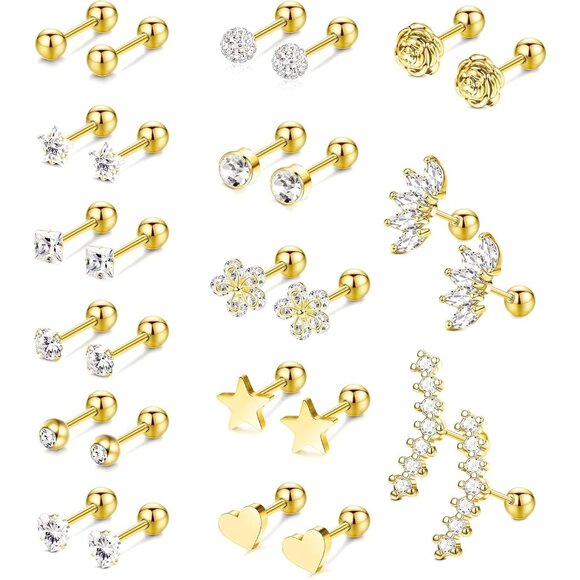 Budget 14-Pair Stainless Steel Hypoallergenic Stud Earrings Set in Gold Silver R - Picture 1 of 7